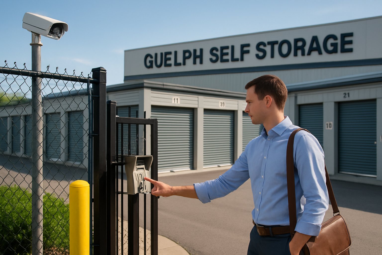 A secure self storage facility with rows of storage units, a person using a keypad access system, and security features visible.