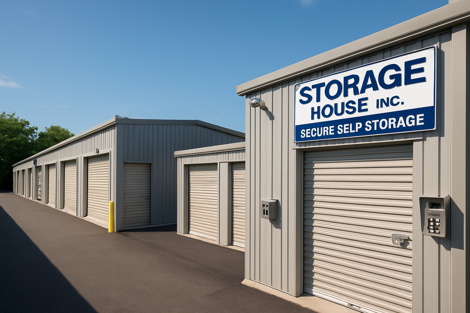 A row of secure self storage units of various sizes with metal doors and security features at a storage facility in Guelph.