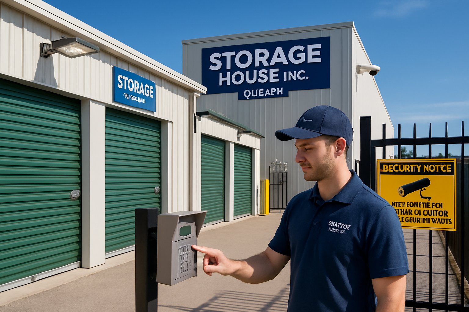 A secure self storage facility with modern storage units, surveillance cameras, keypad locks, bright lighting, and a staff member checking a digital security panel.