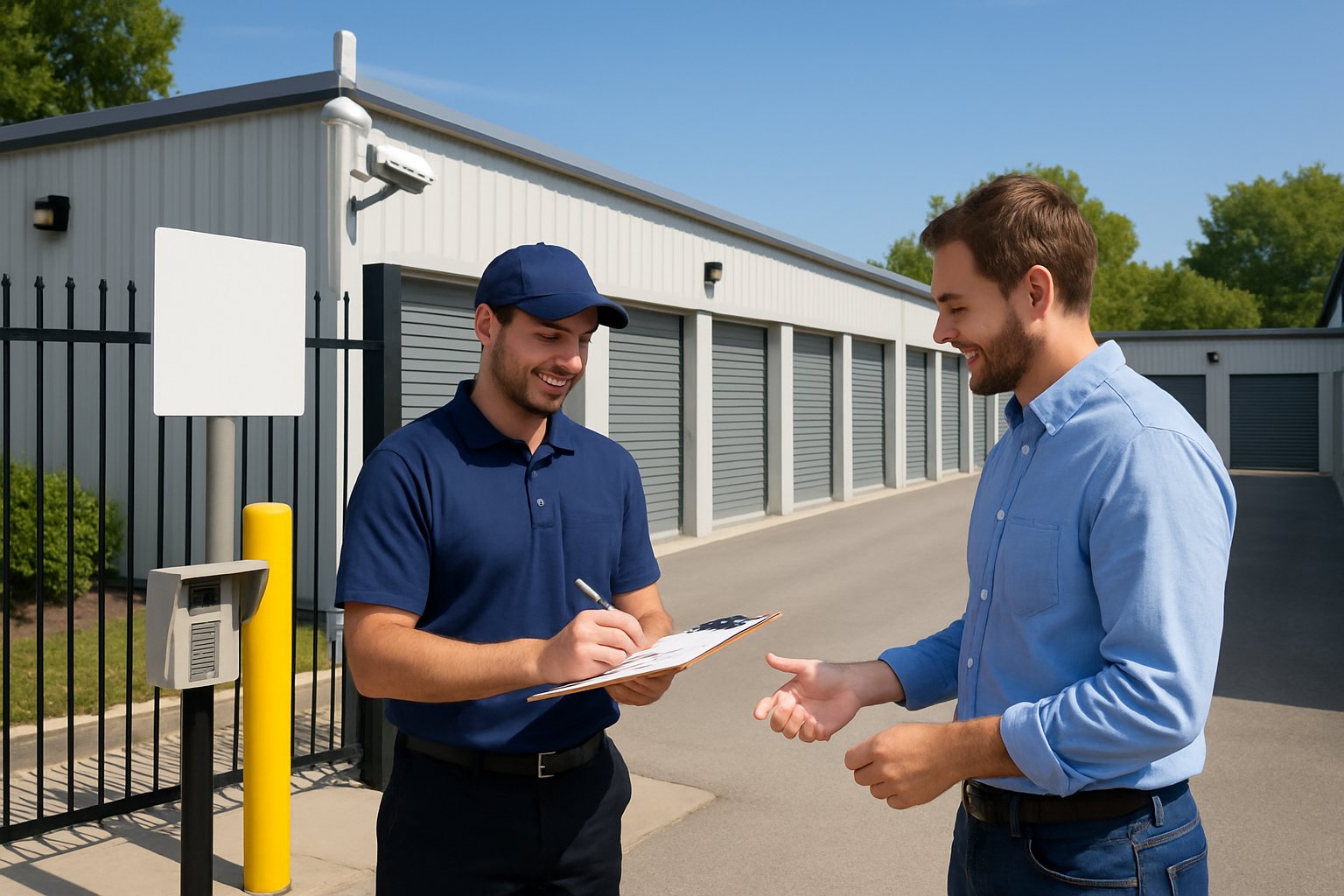 A secure self storage facility with multiple storage units, a staff member assisting a customer, surrounded by fencing and security features under a clear sky.