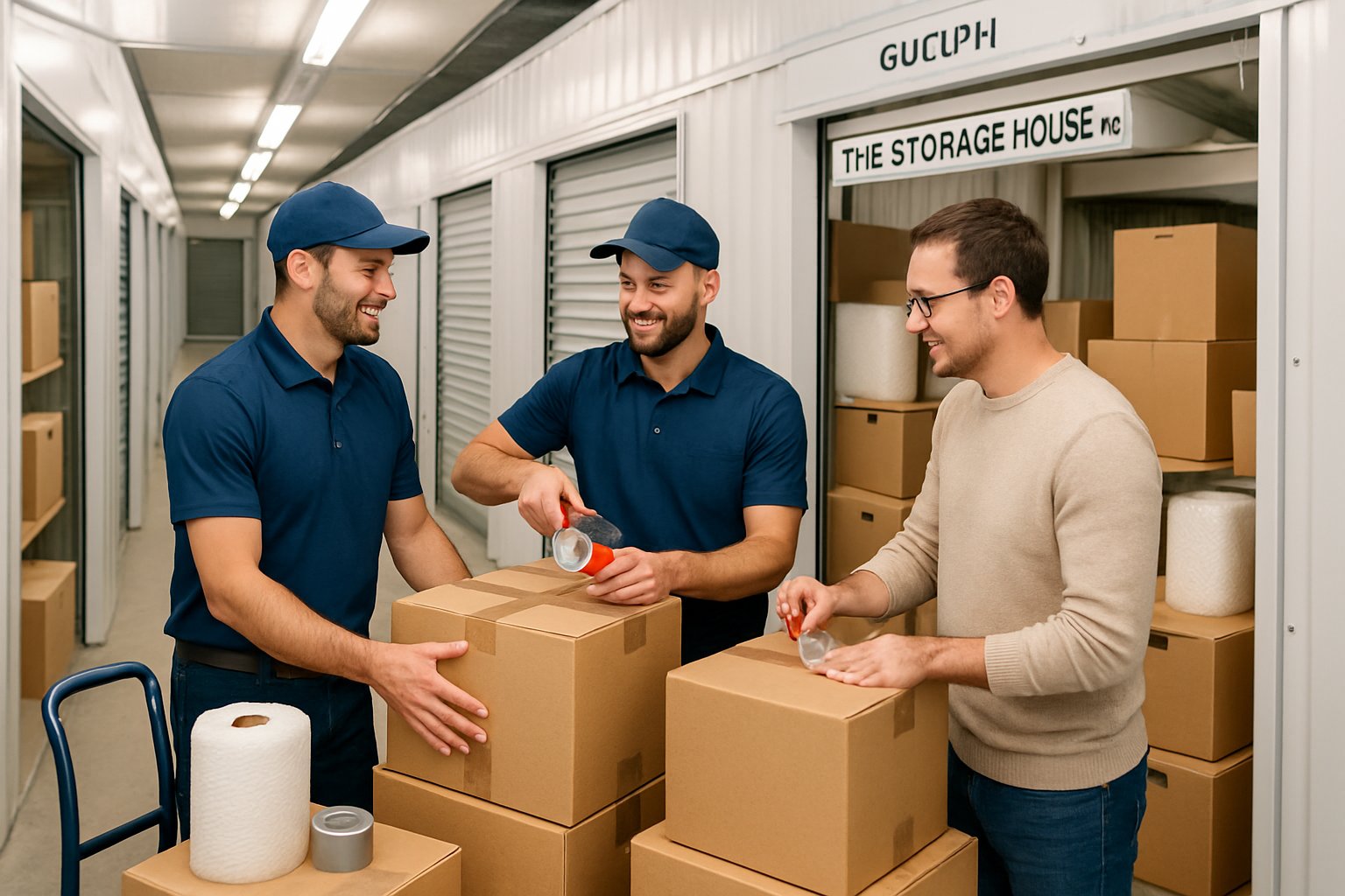 Two movers helping a customer pack boxes at a clean self storage facility with open storage units and moving supplies.