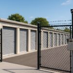 A secure self storage facility with multiple storage units, a keypad entry system, and security cameras under a clear blue sky with trees in the background.