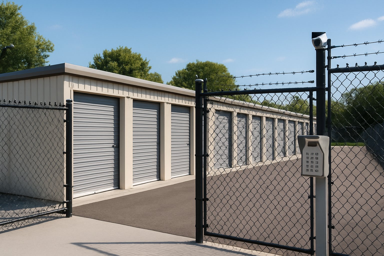 A secure self storage facility with multiple storage units, a keypad entry system, and security cameras under a clear blue sky with trees in the background.