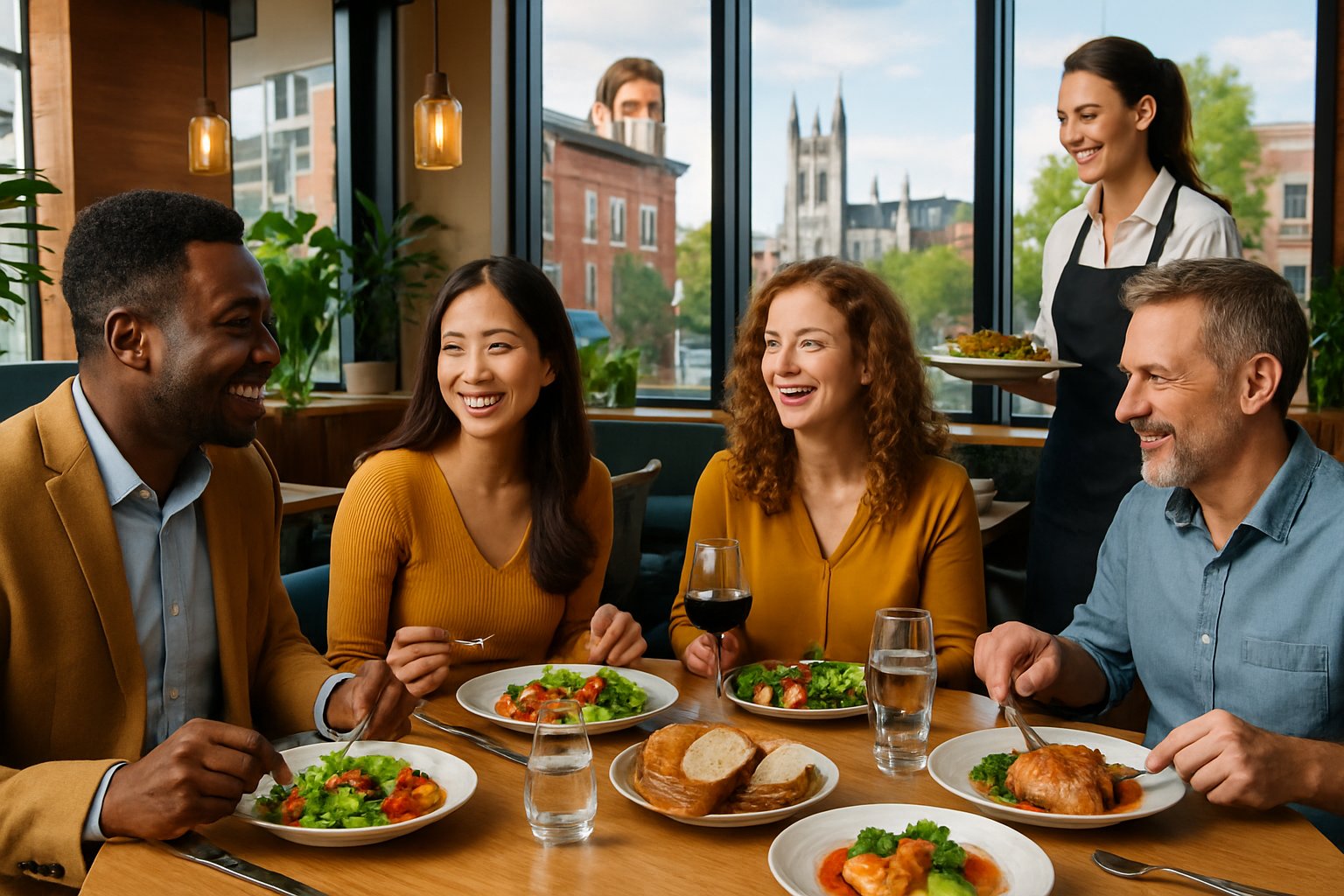 People enjoying a meal together at a modern restaurant with food and city views through the windows.