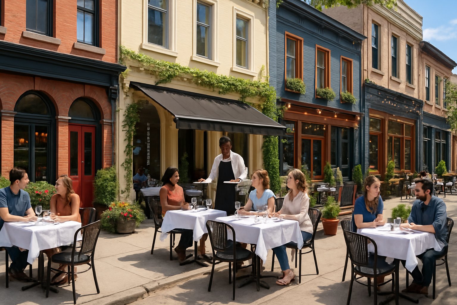 Street view of several inviting restaurants with outdoor seating and people dining in a lively urban setting.
