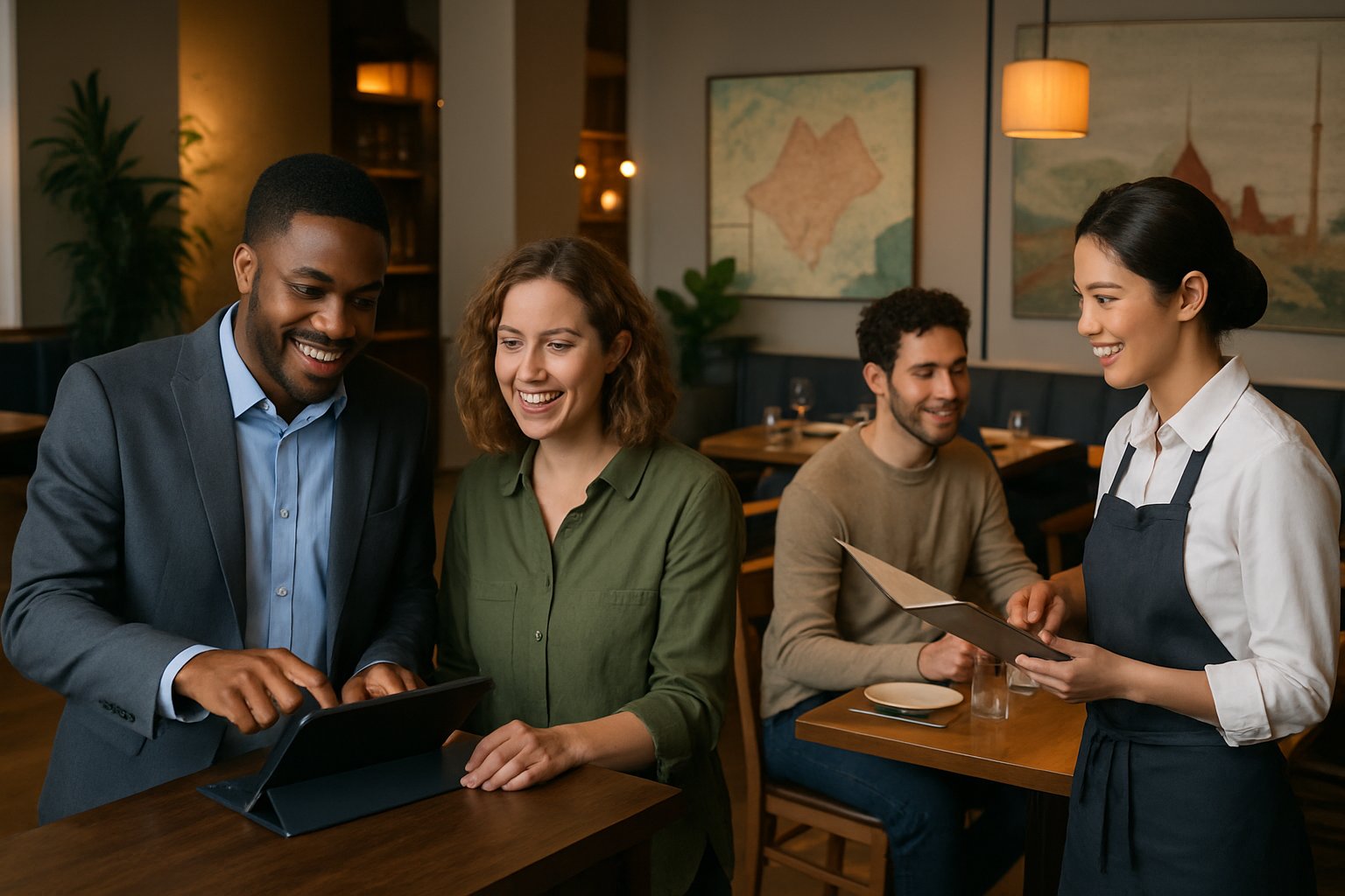 People making restaurant reservations and discussing dining options inside a modern restaurant with warm lighting and elegant table settings.