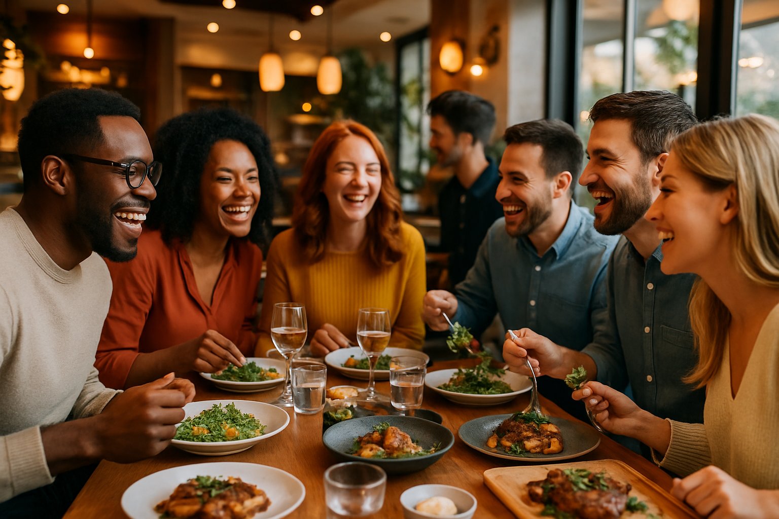 A group of people enjoying a meal together at a restaurant with a table full of various dishes and drinks.