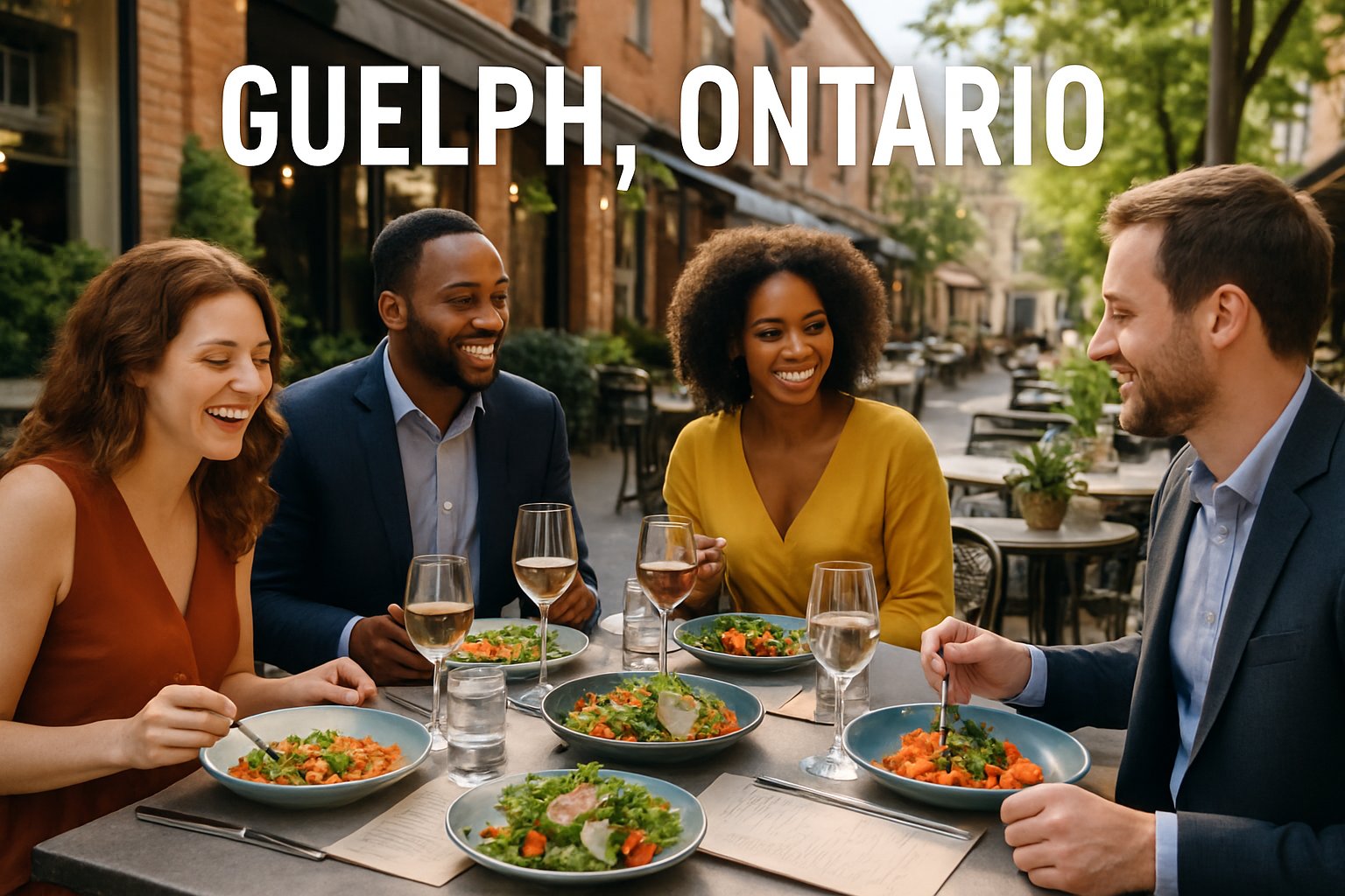 People enjoying a meal together at an outdoor restaurant patio with brick buildings and greenery in the background.