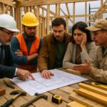 A group of people discussing construction plans at a partially built house site with building materials and tools around them.