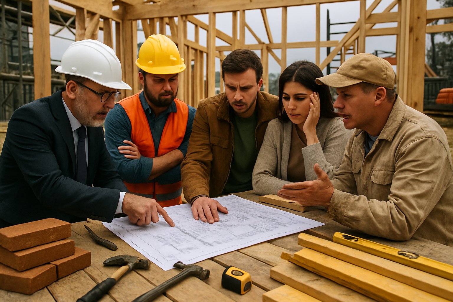 A group of people discussing construction plans at a partially built house site with building materials and tools around them.