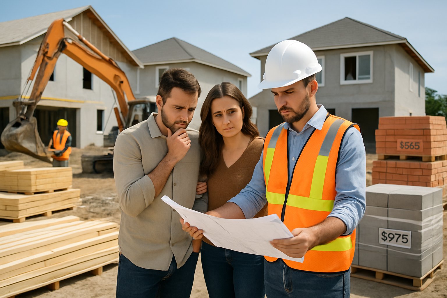A couple discussing blueprints with a contractor at a busy construction site with partially built houses and construction workers operating machinery.