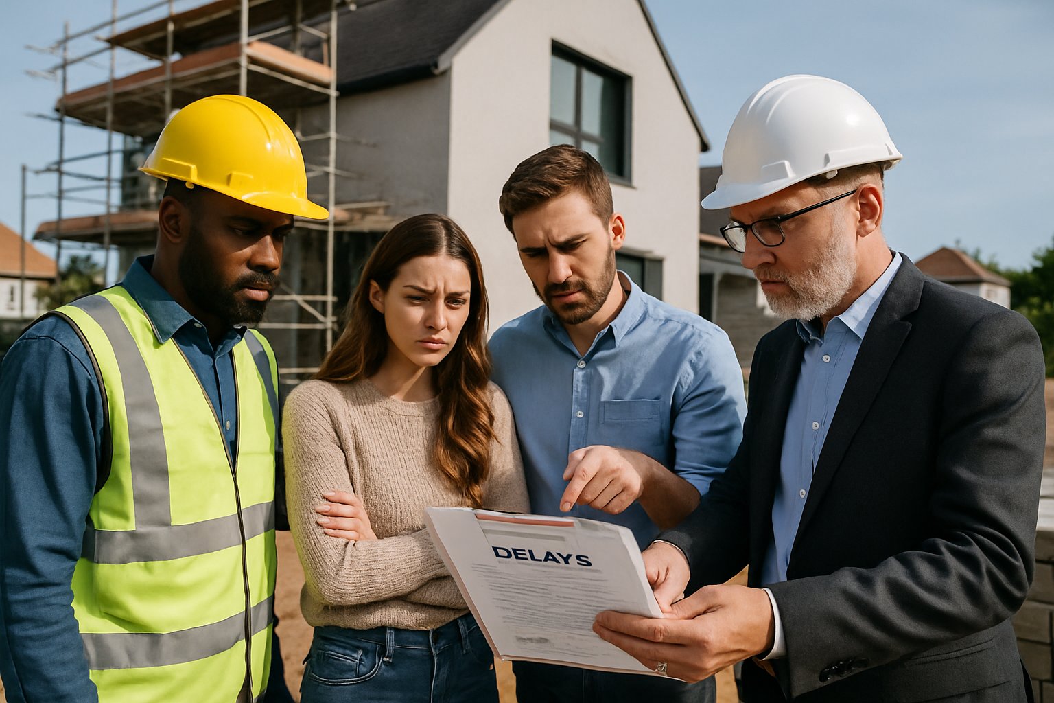 A group of people at a construction site discussing documents near a partially built house.