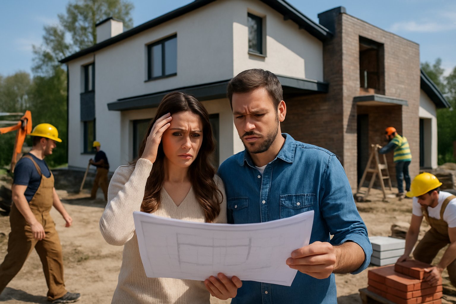 A frustrated couple standing outside a partially built house with construction workers and building materials around them.