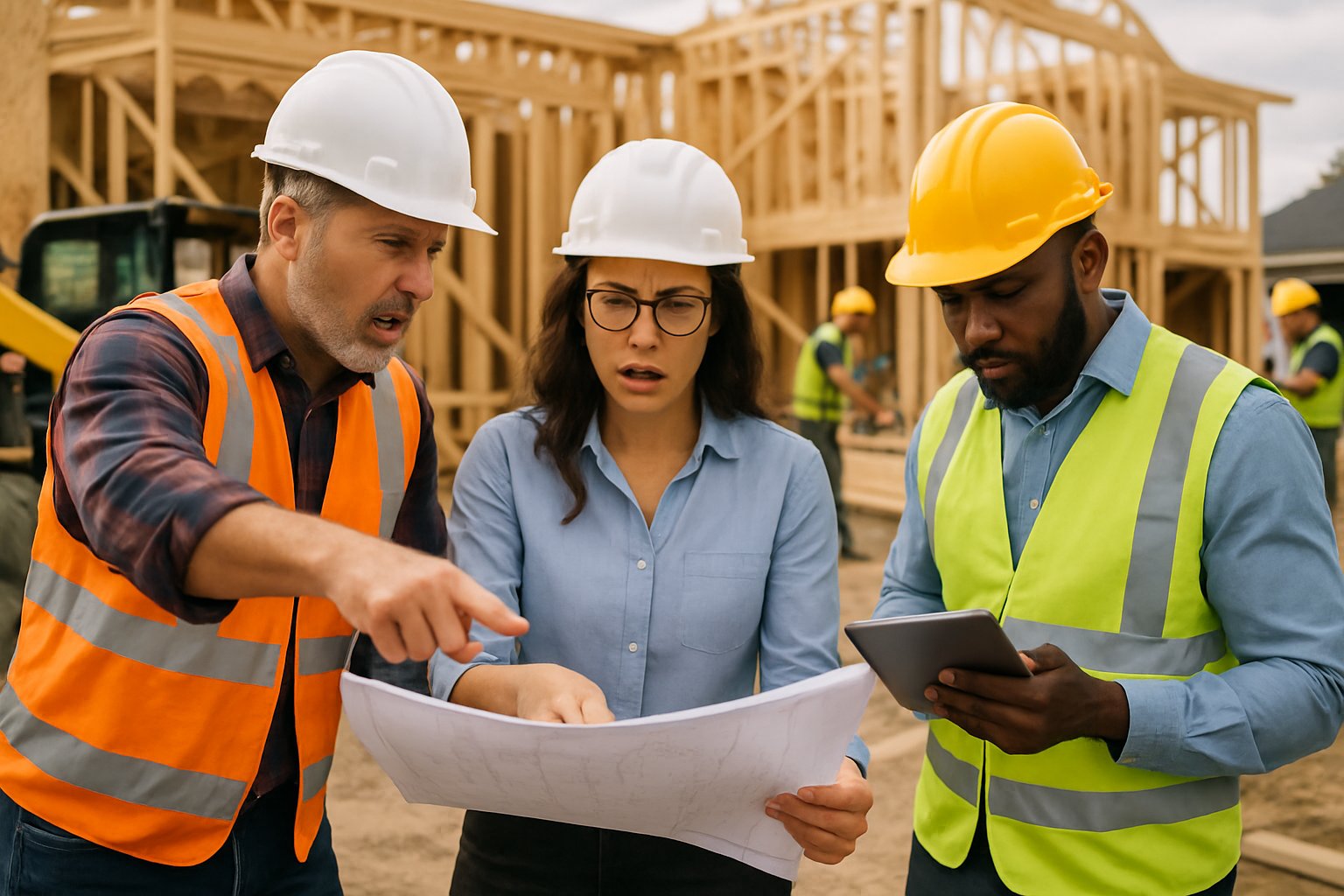Construction professionals discussing plans and inspecting a residential building site with workers and machinery in the background.