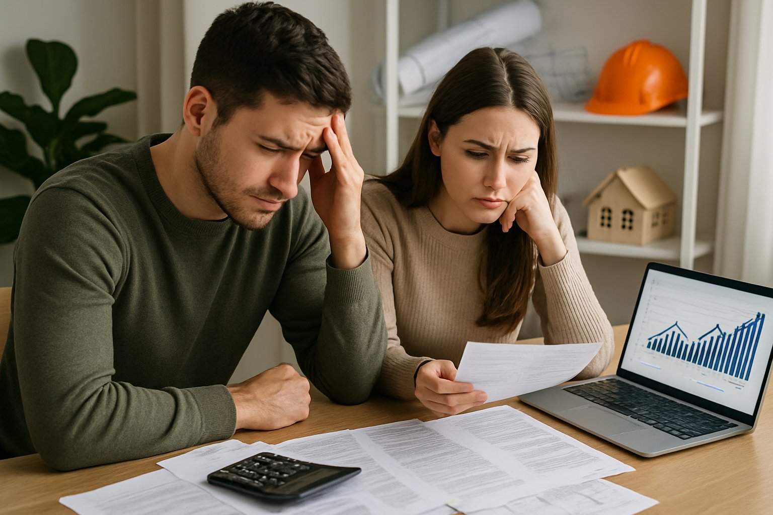 A worried couple sitting at a table surrounded by paperwork and a laptop, with home construction items in the background.