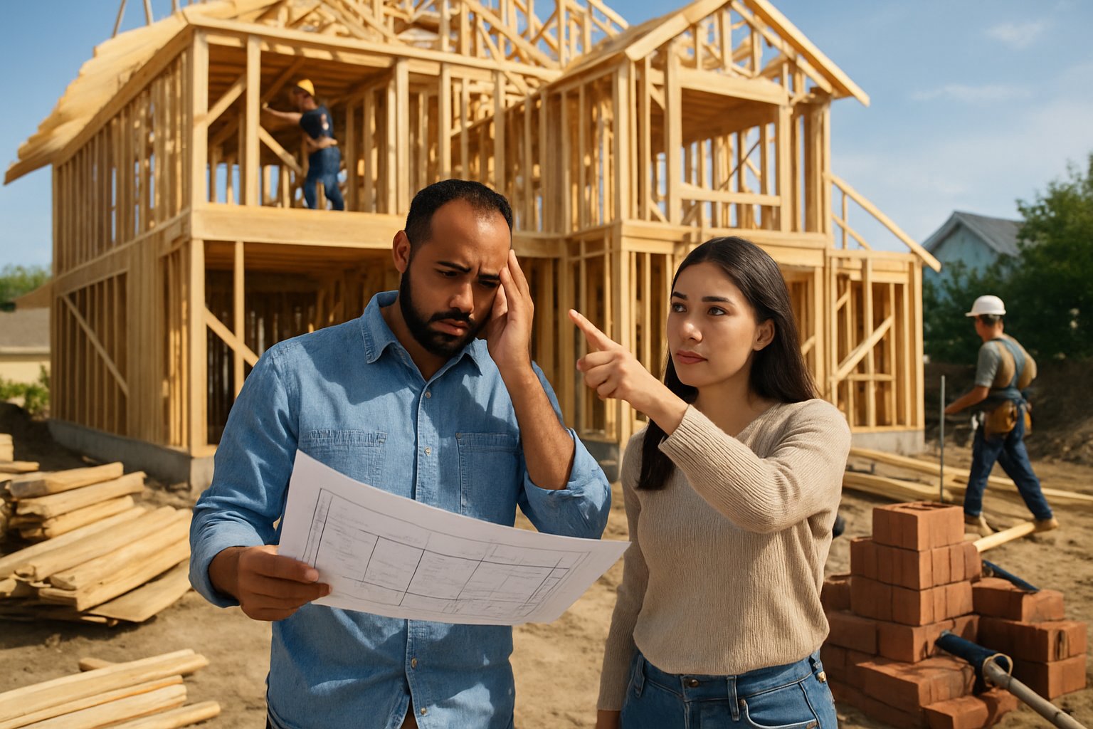 A couple standing in front of a partially built house with construction materials and workers in the background, showing concern and determination.