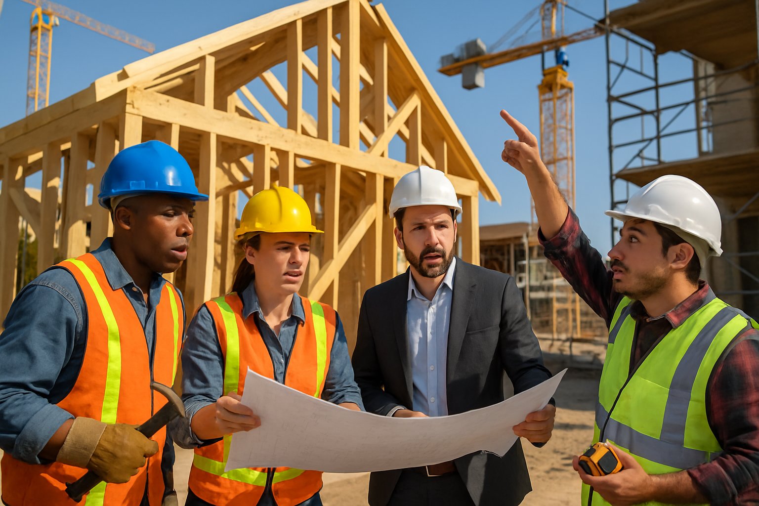 Construction workers and a project manager collaborating at a home building site with an unfinished wooden frame and construction equipment in the background.