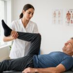 A physiotherapist assisting a male patient with leg stretches in a bright clinic room.