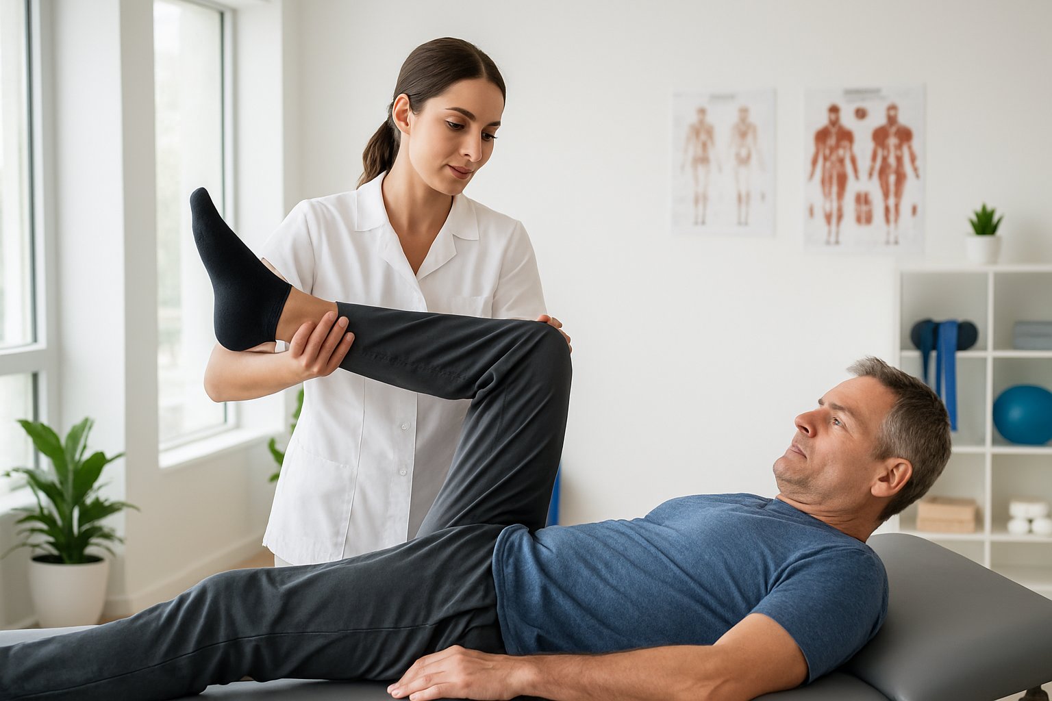 A physiotherapist assisting a male patient with leg stretches in a bright clinic room.