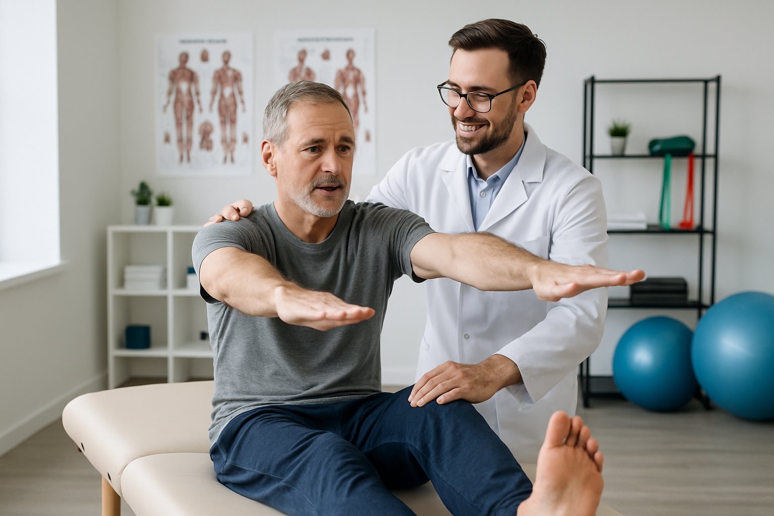 A physiotherapist helping a patient perform a rehabilitation exercise in a clinic.
