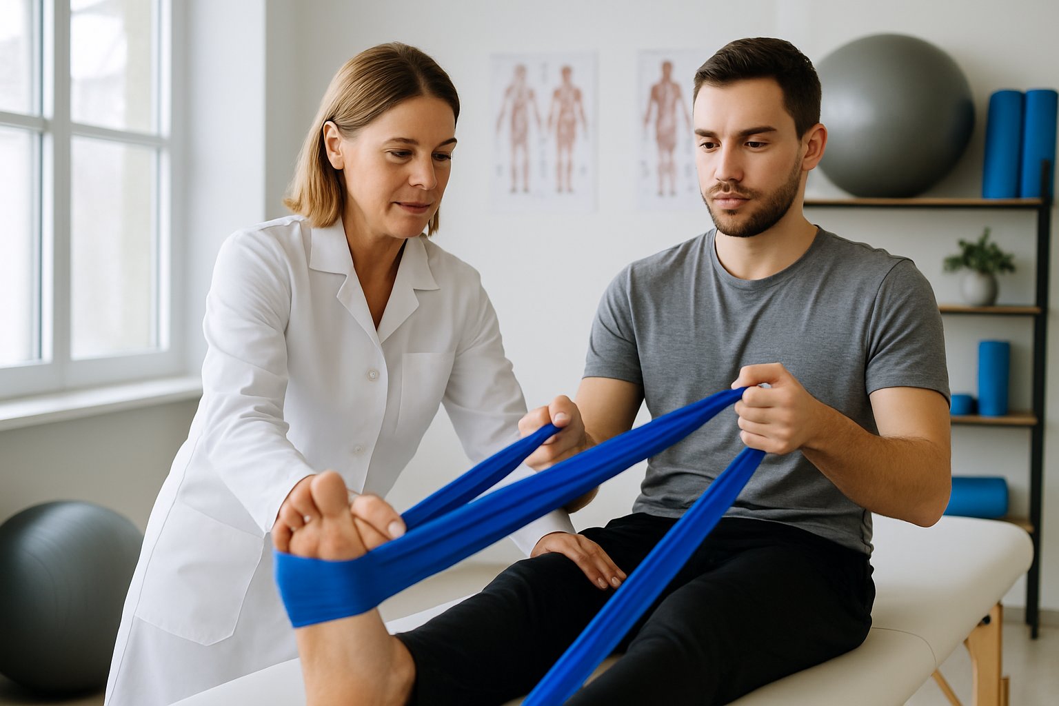 A physiotherapist helps a patient perform leg exercises using resistance bands in a bright clinical room with therapy equipment.