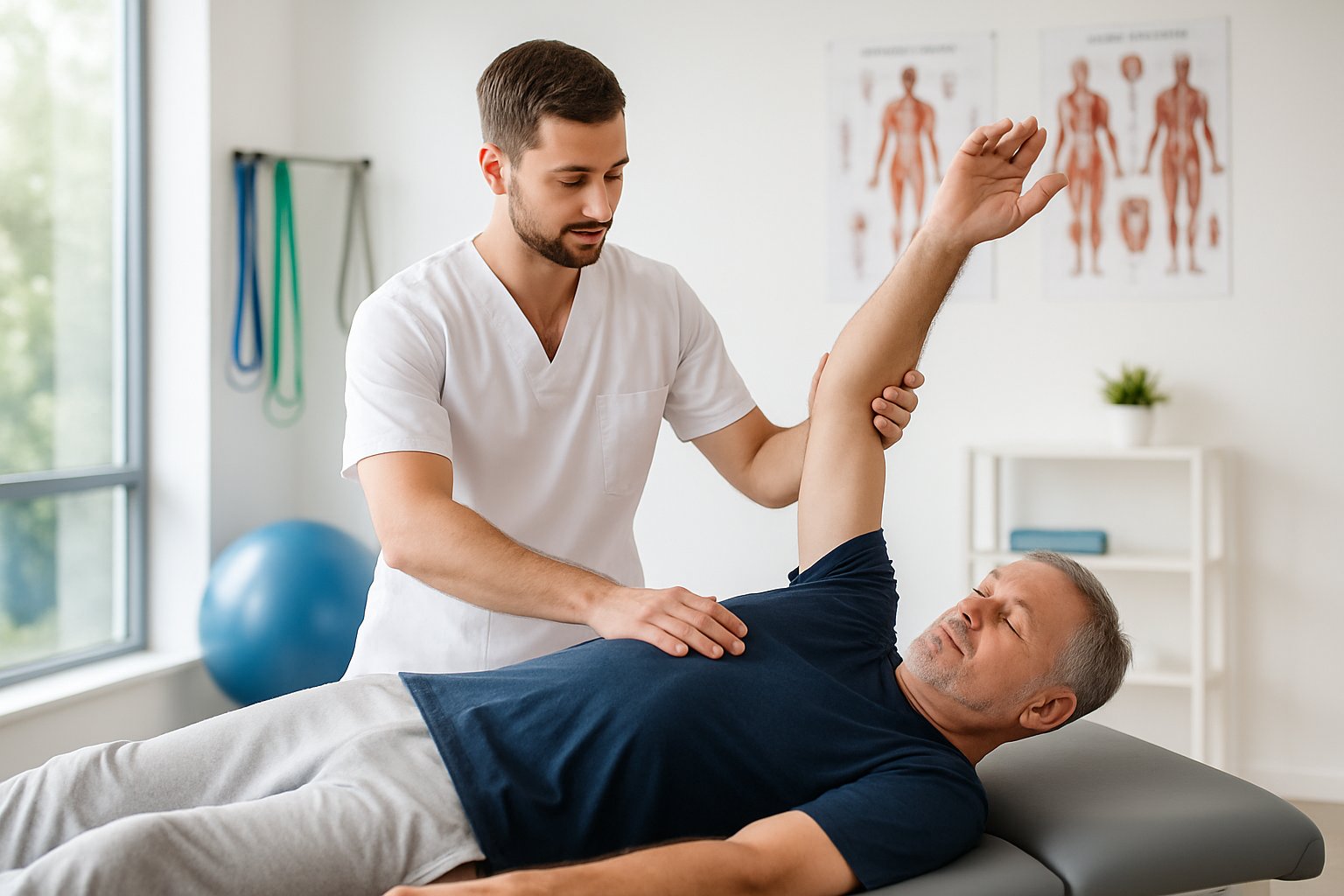 A physiotherapist assisting a patient with stretching exercises in a bright clinic room.