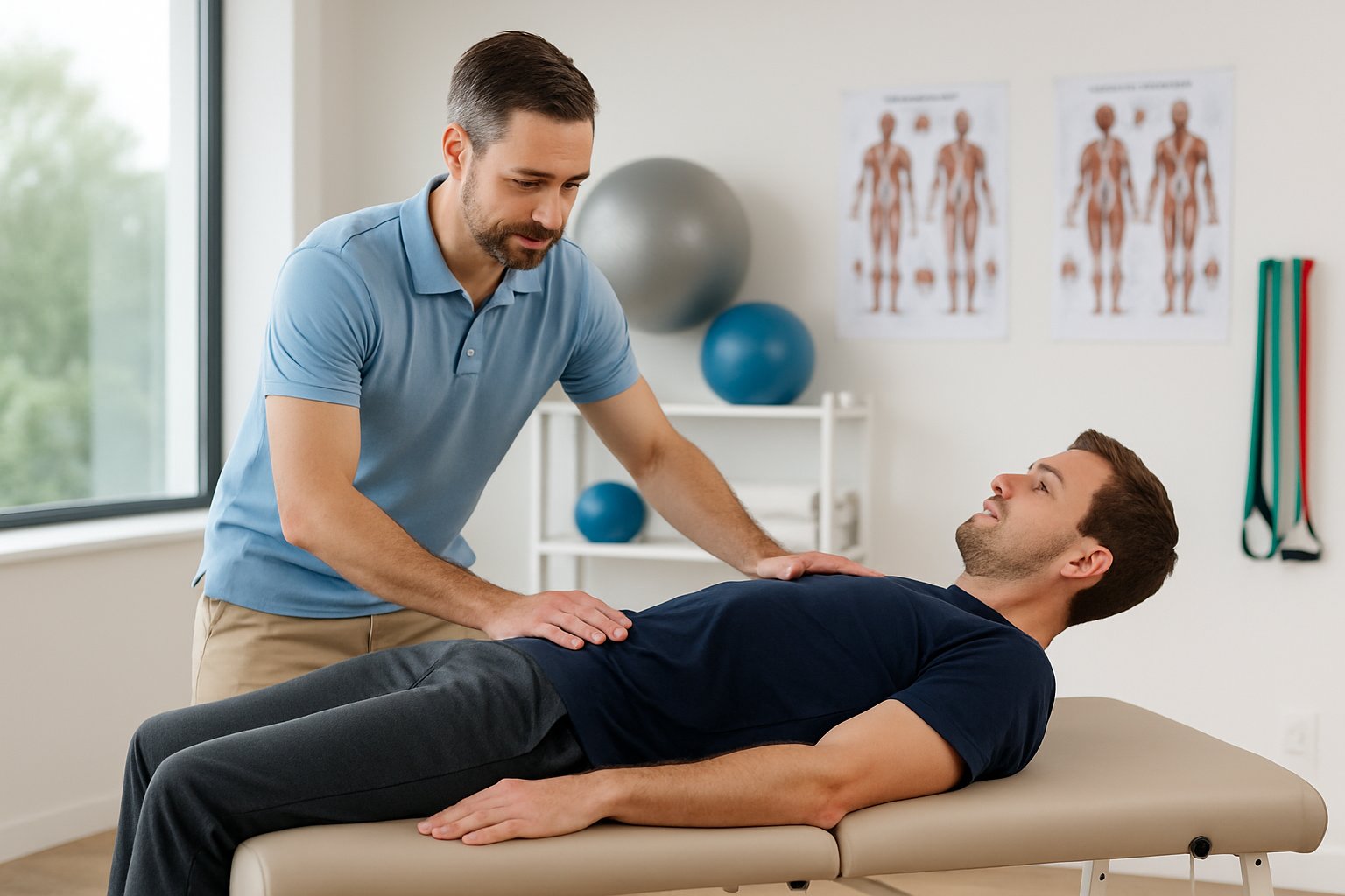 A physiotherapist assisting a patient with core strengthening exercises in a bright treatment room equipped with physiotherapy tools.