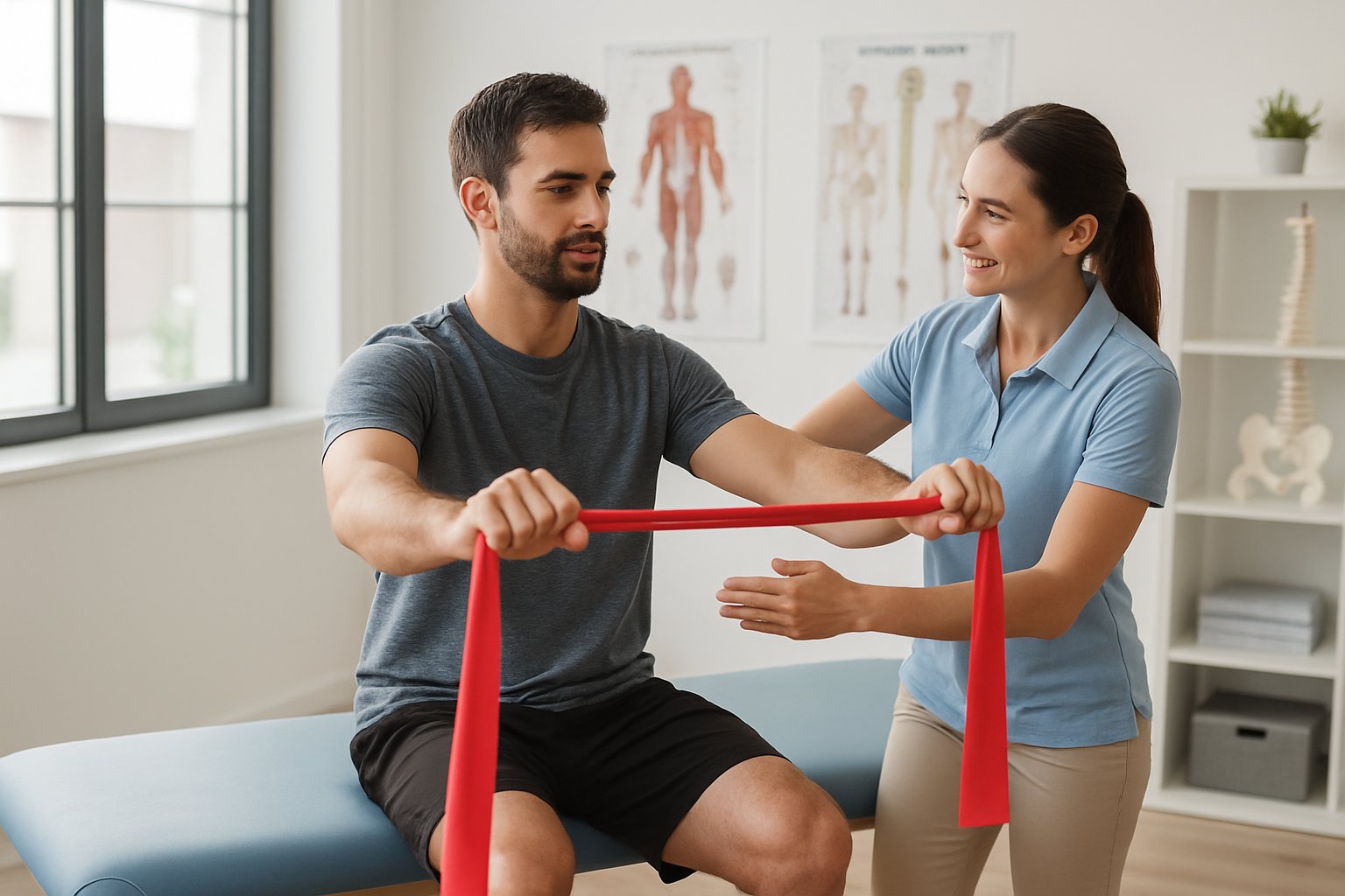 A physiotherapist assisting a patient with rehabilitation exercises in a modern clinic.