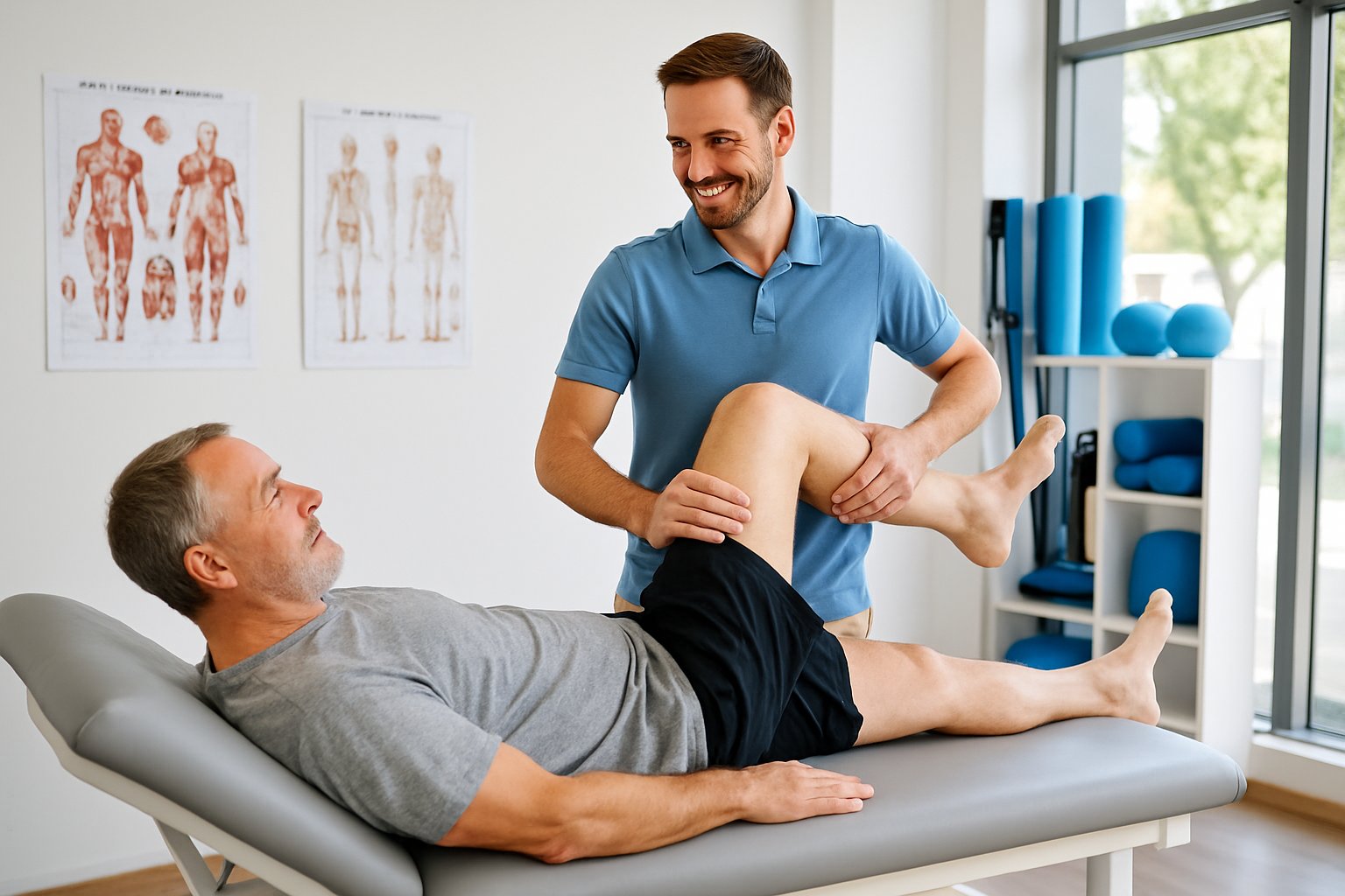 A physiotherapist helping a patient with leg exercises in a bright clinic room.