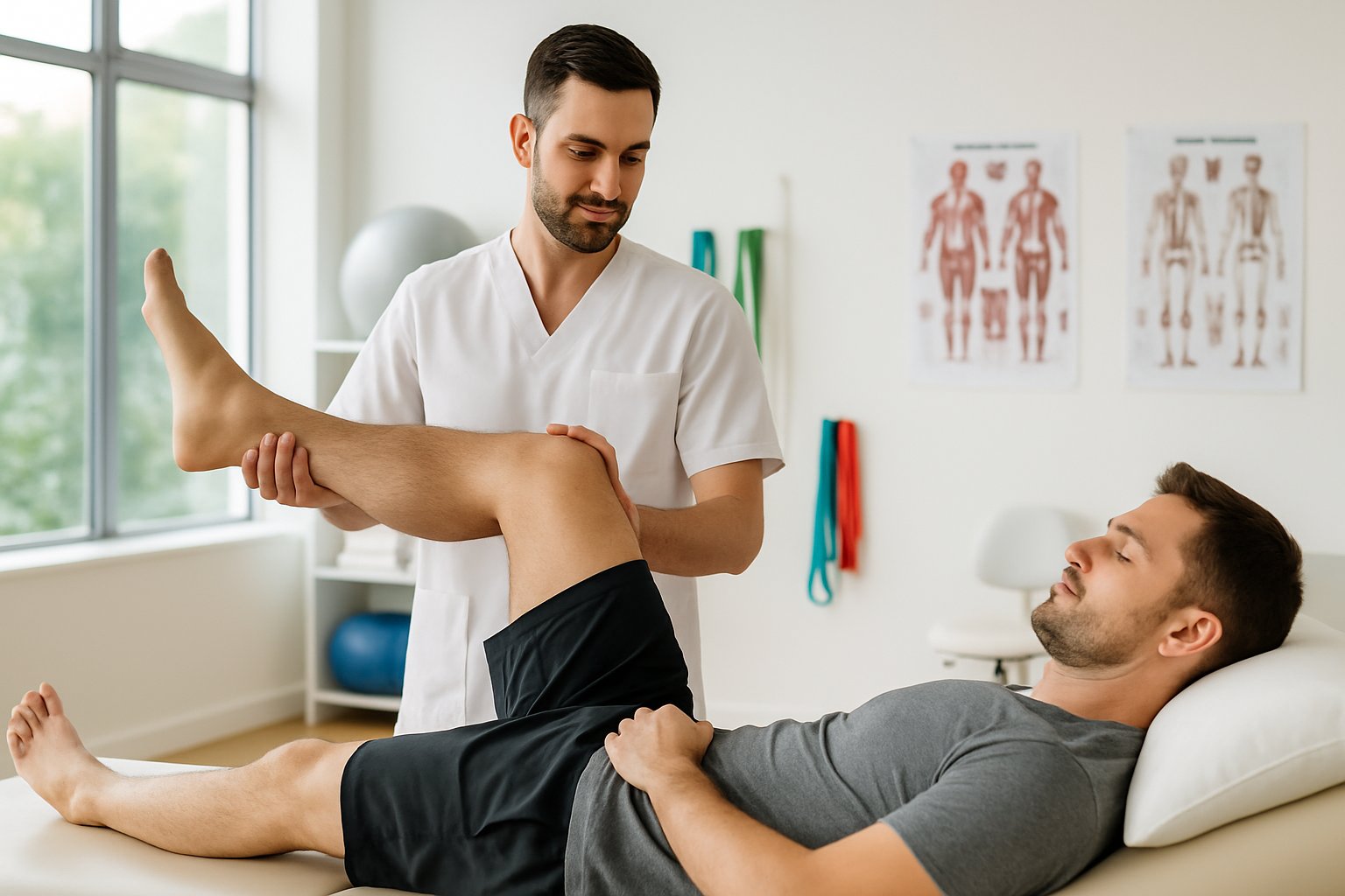 A physiotherapist helping a patient perform a leg exercise on a treatment table in a bright clinic.