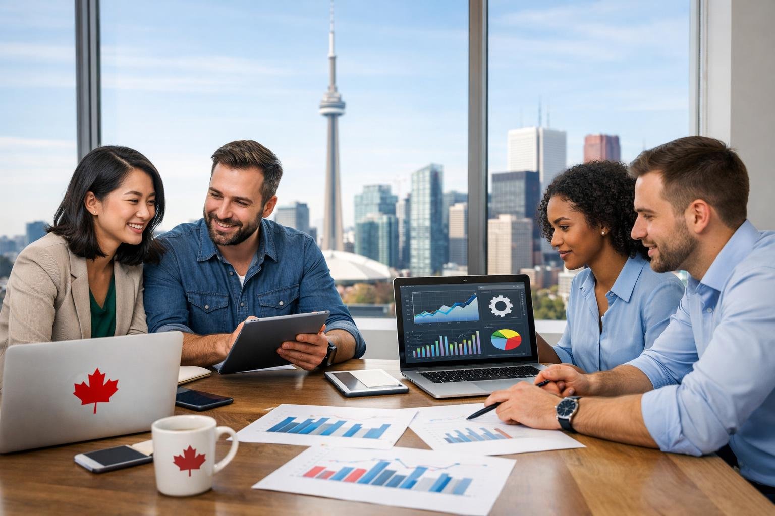 A diverse team of professionals collaborating in a modern office with laptops and charts, with a city skyline featuring the CN Tower visible through a large window.