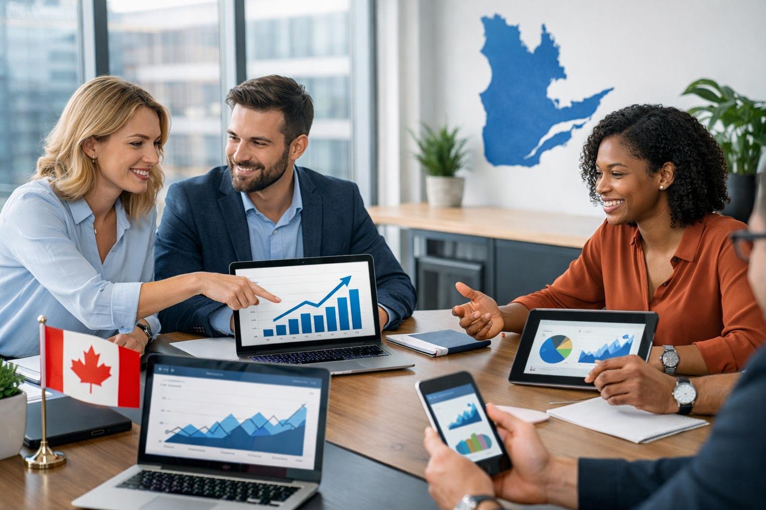 A diverse team of professionals collaborating in a modern office with digital devices showing analytics, highlighting teamwork and SEO focus in a Canadian setting.