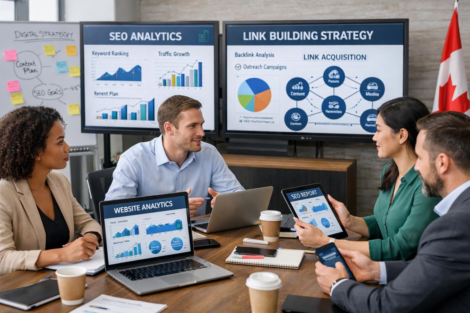 A team of business professionals working together around a table with laptops and screens showing data and charts in a modern office.