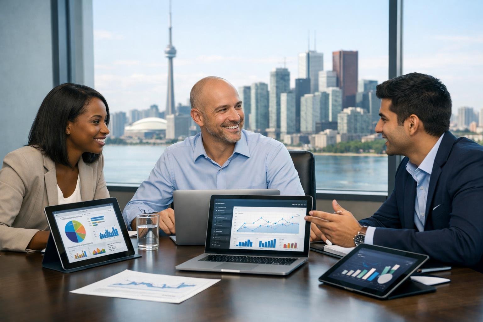 Three business professionals collaborating around a table with laptops and digital charts in a modern office overlooking a city skyline.