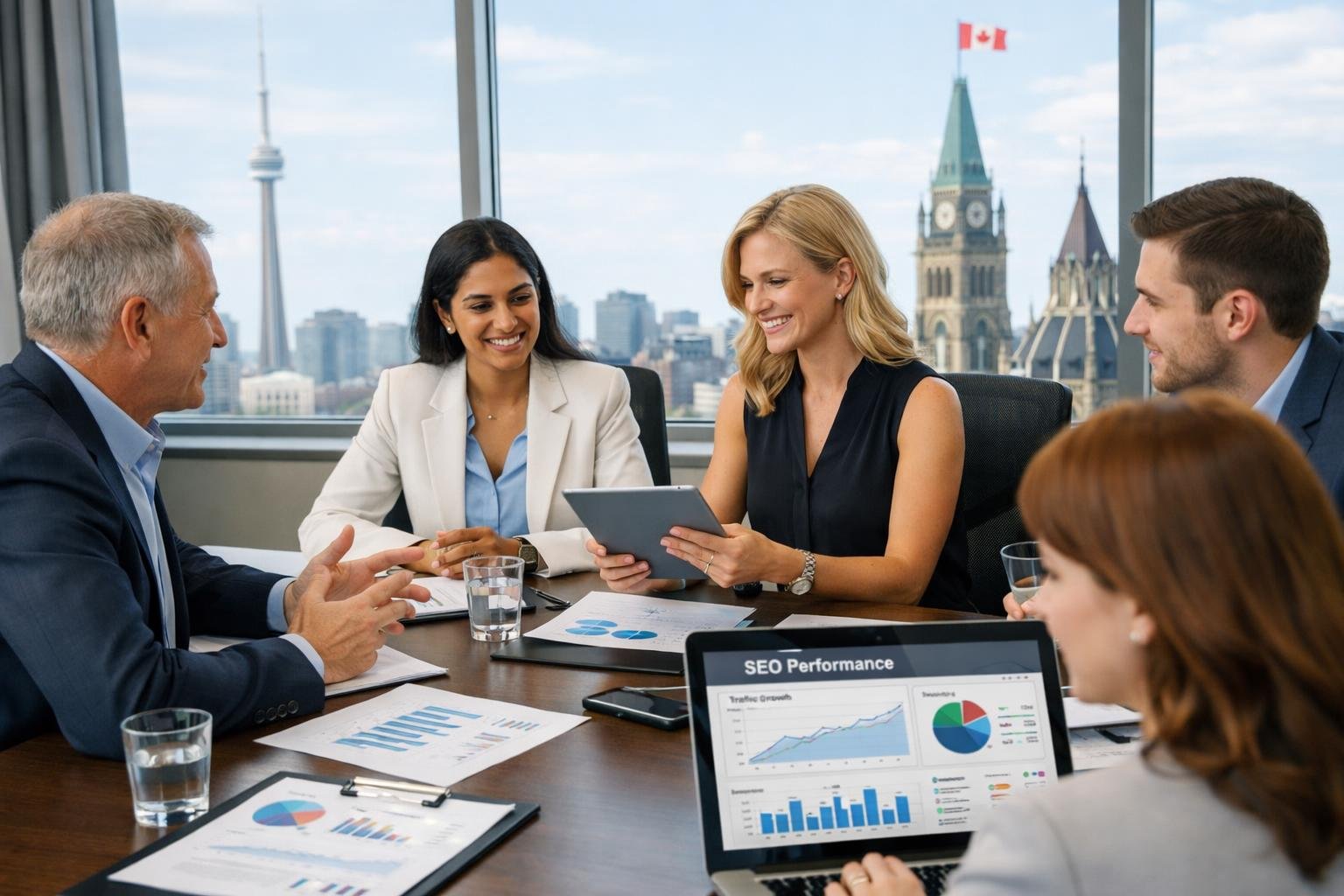 A group of business professionals collaborating around a conference table with laptops and charts in a modern office with a cityscape visible through a large window.