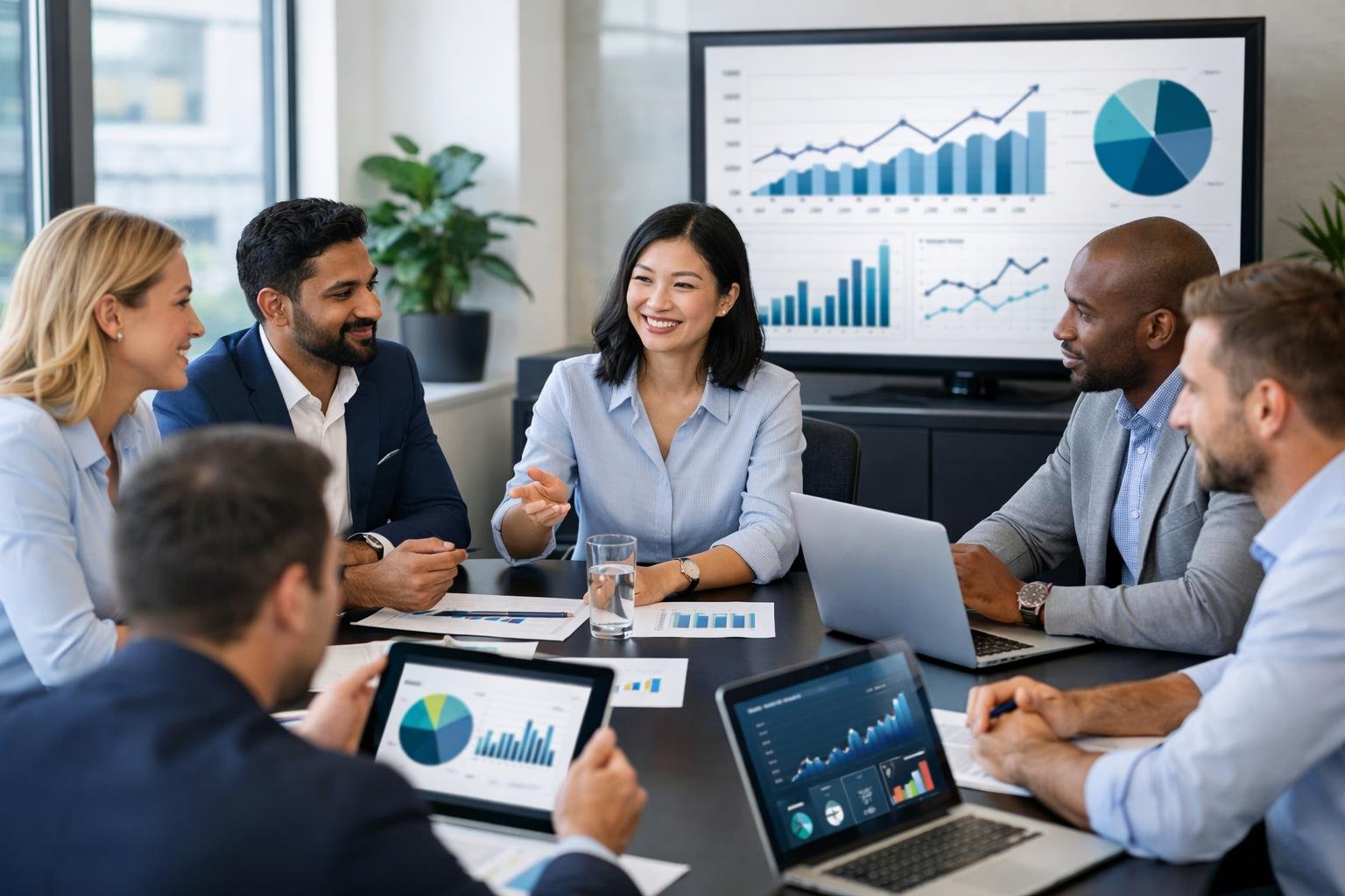 A group of business professionals collaborating around a conference table with laptops and digital charts in a bright office.