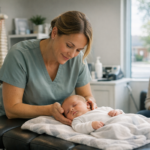 Healthcare practitioner gently supports a sleeping newborn during a clinical examination